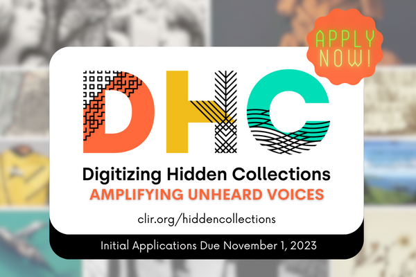 Digitizing Hidden Collections logo in white rectangle on blurred background of photo grid with 